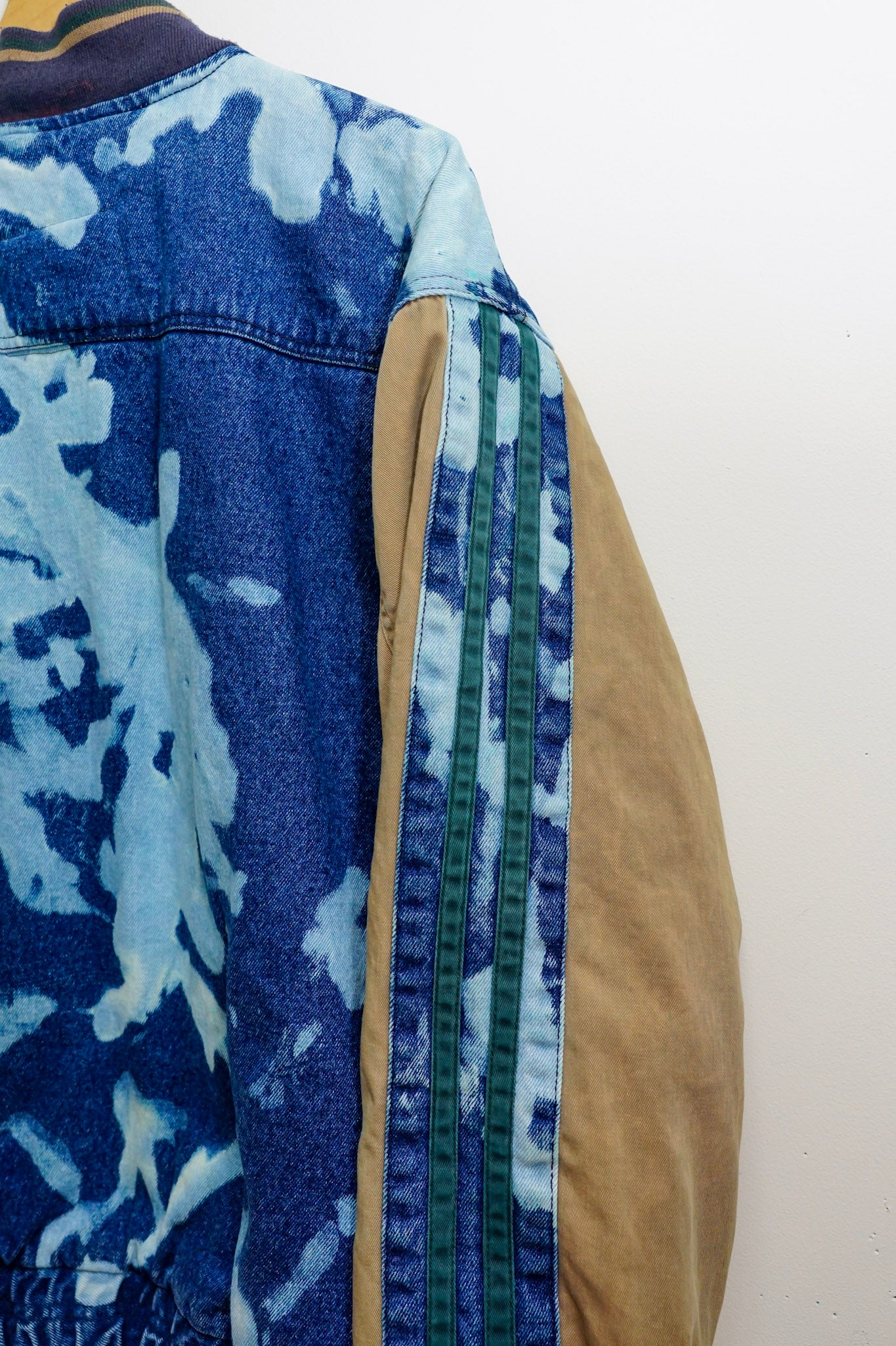 Beige & Denim Green Striped acid wash bomber jacket M