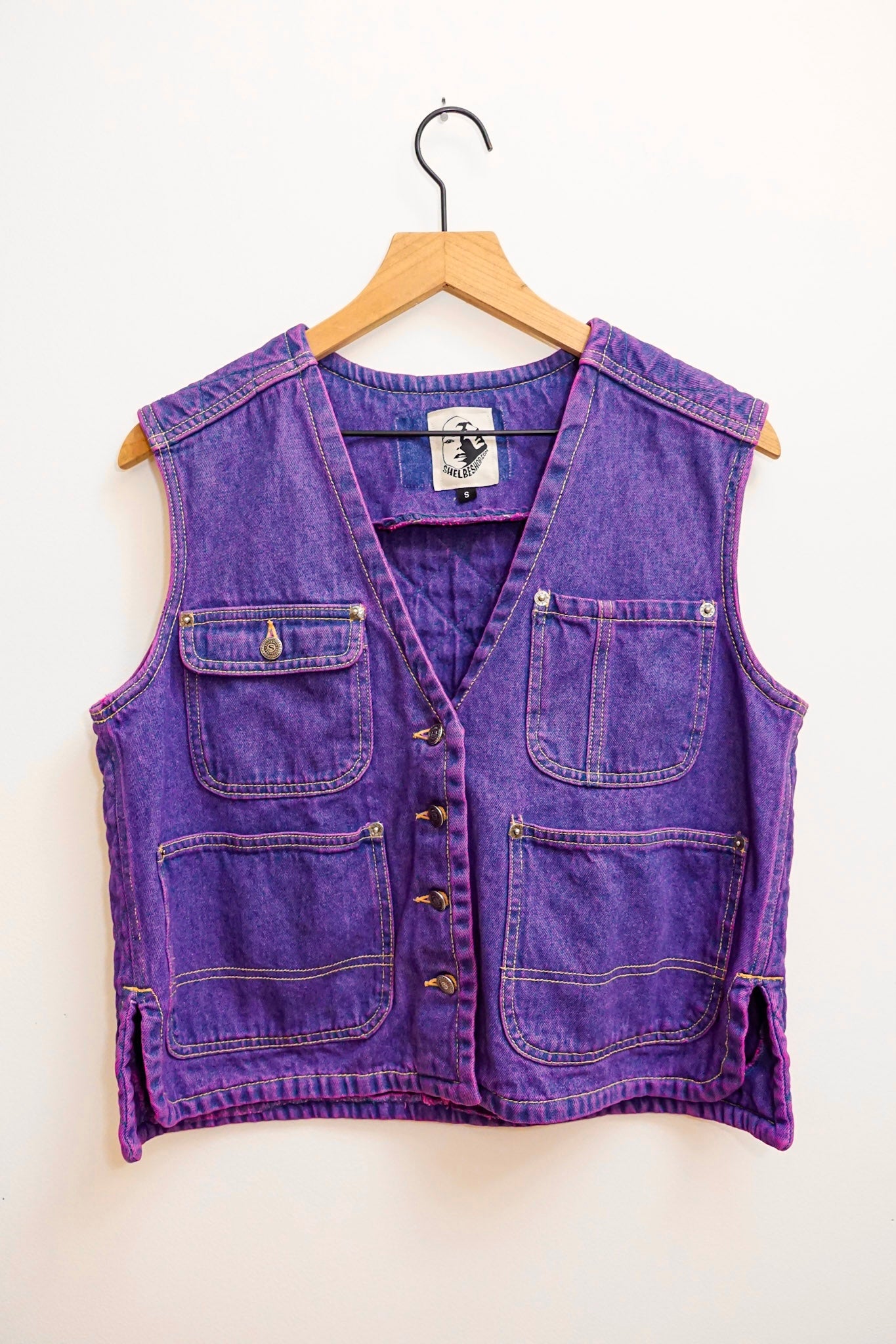 Fuschia quilted denim cargo vest S