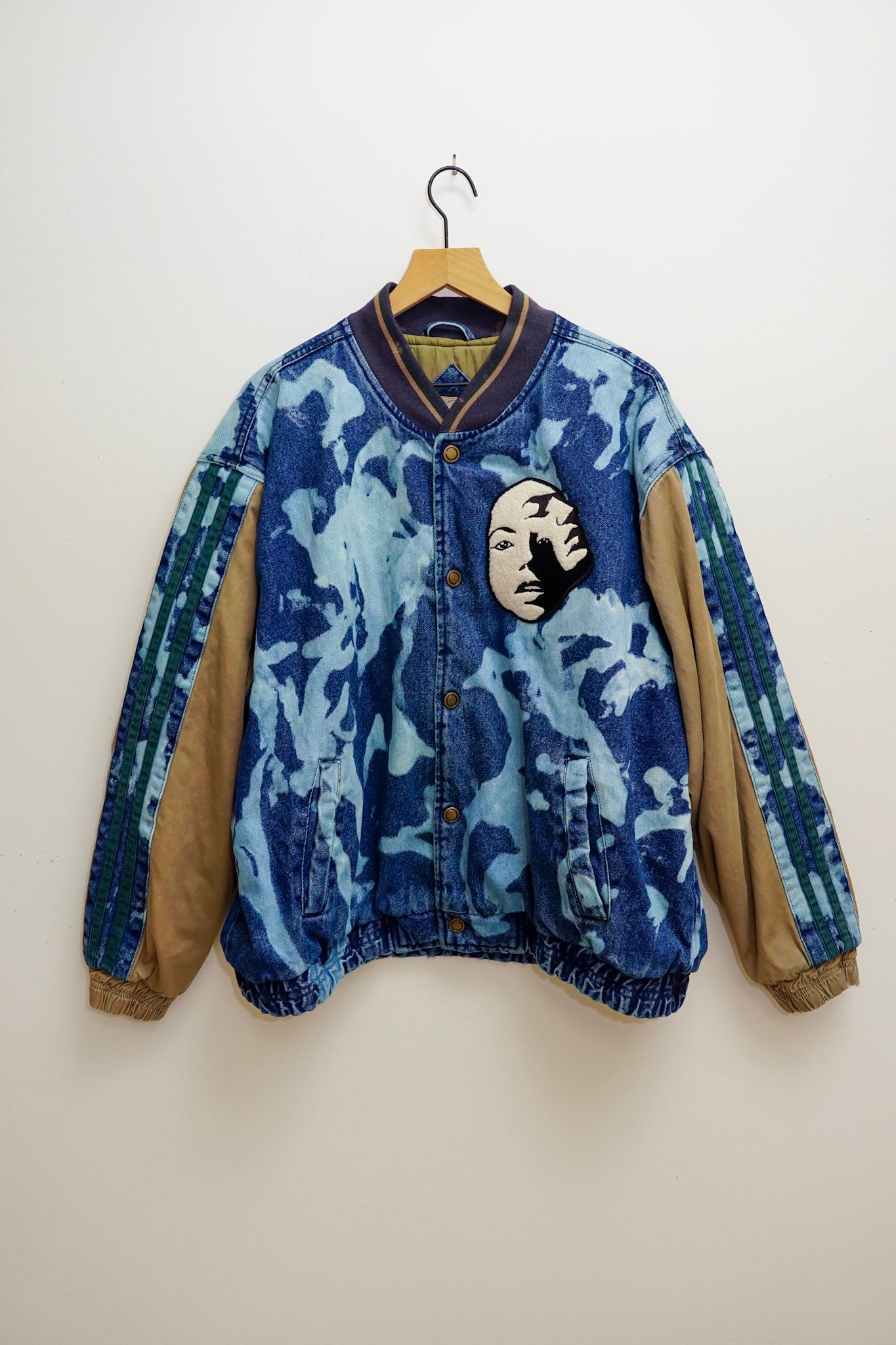 Beige & Denim Green Striped acid wash bomber jacket M