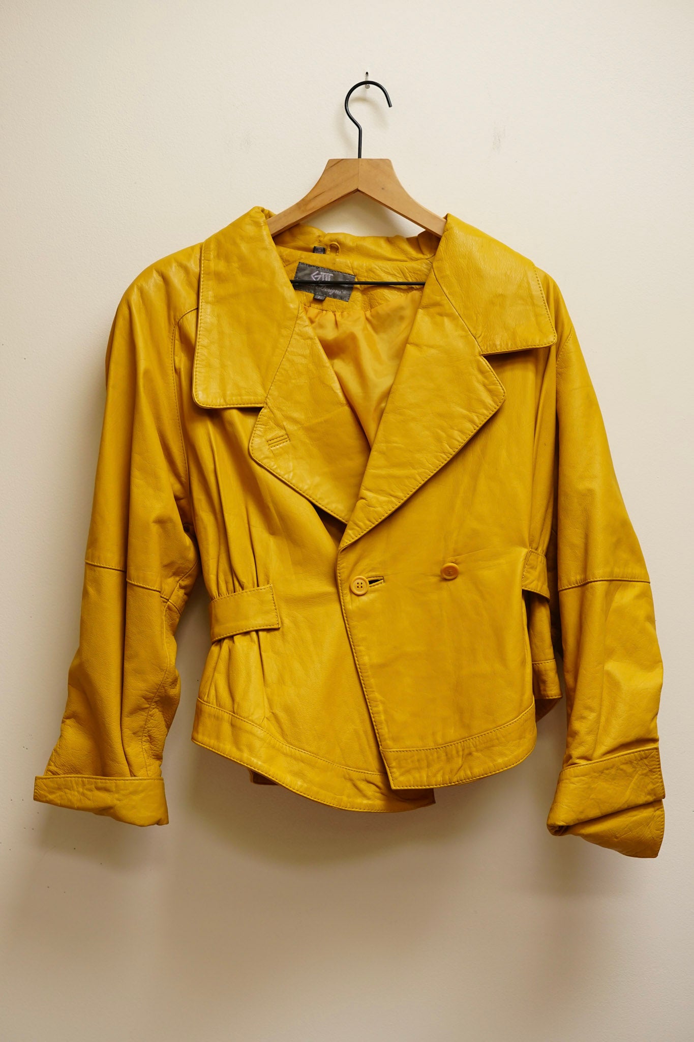 Mustard Screen-printed Leather Jacket M