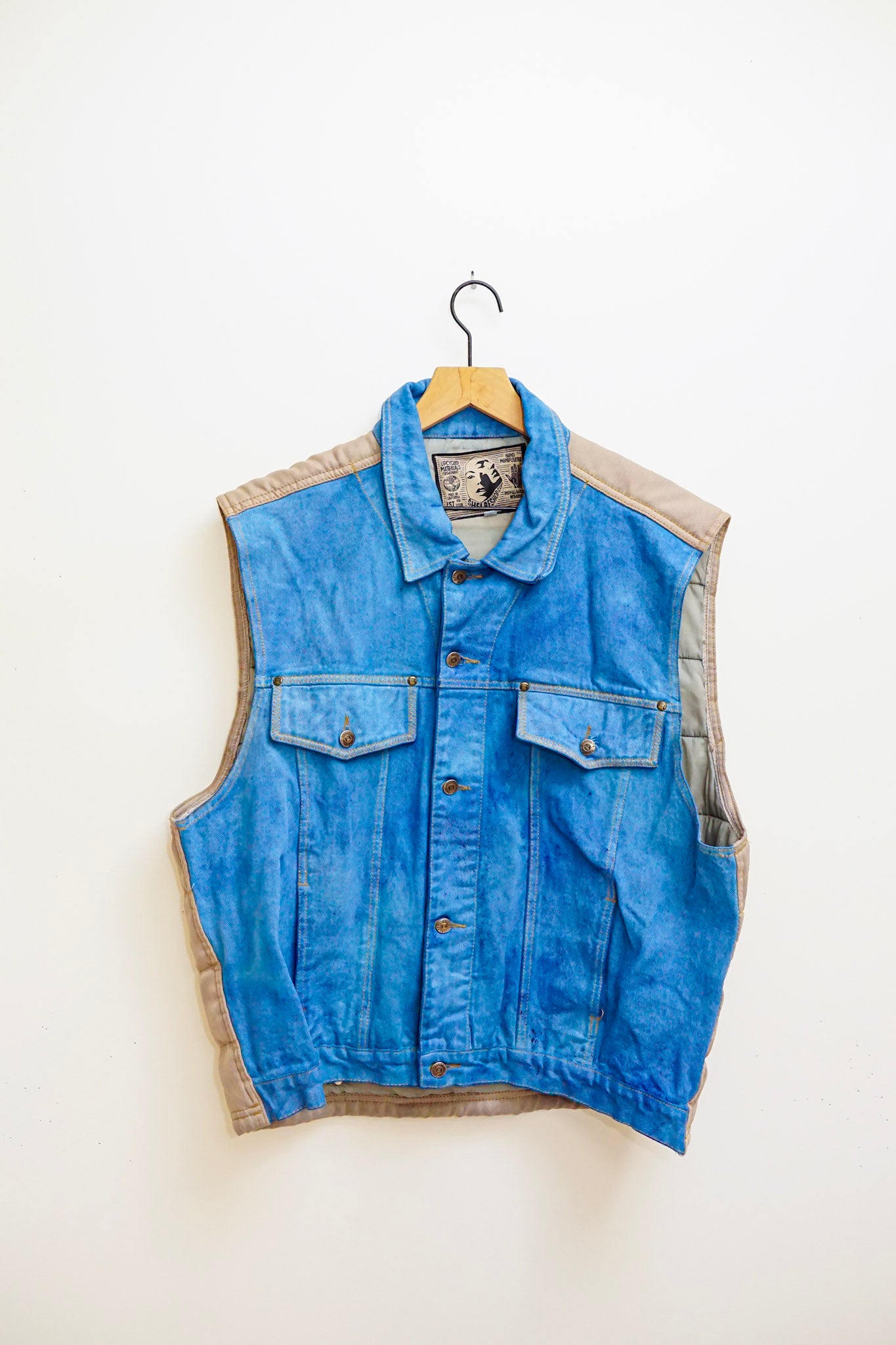 Sky blue dyed denim & beige quilted vest L