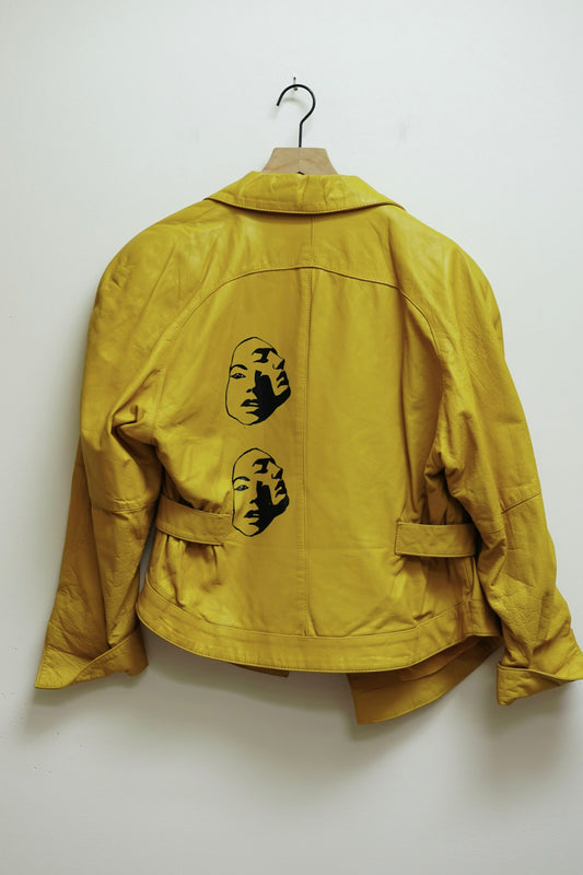 Mustard Screen-printed Leather Jacket M
