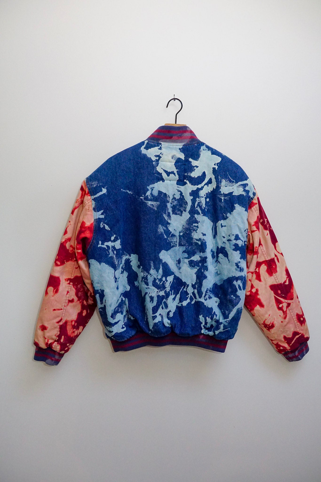 Vintage Denim Varsity Jacket with red sleeves M