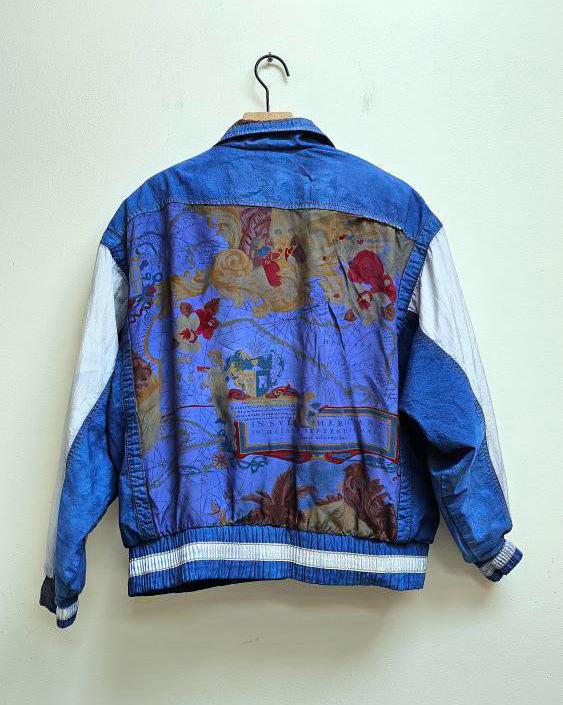 Map print vintage mixed media bomber jacket S