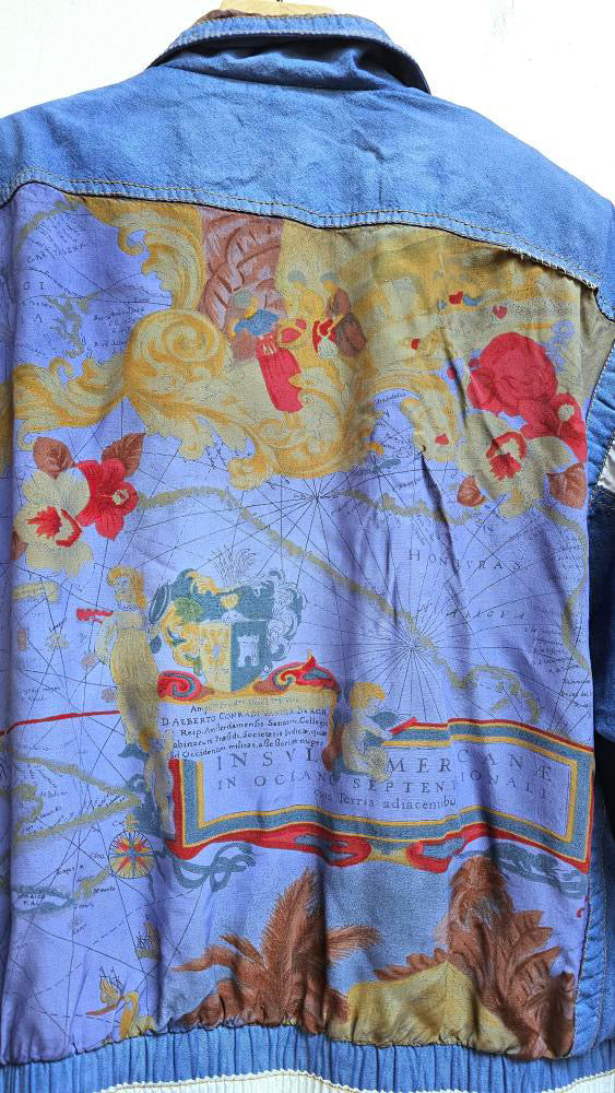 Map print vintage mixed media bomber jacket S