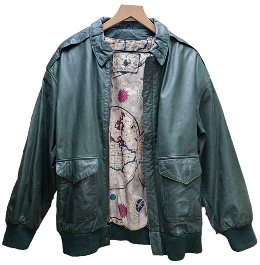 Hunter green leather face patch bomber jacket