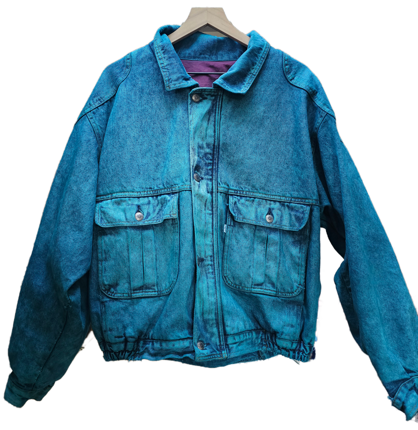 Peacock Blue Dyed Vintage Denim Bomber Jacket- L