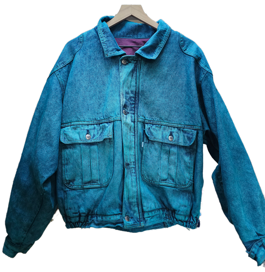 Peacock Blue Dyed Vintage Denim Bomber Jacket- L