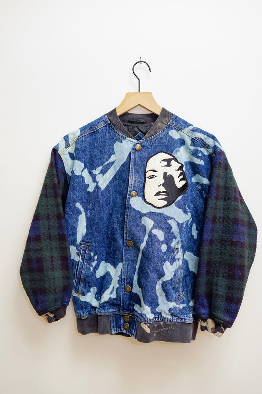 Plaid Flannel & Denim acid wash bomber jacket S