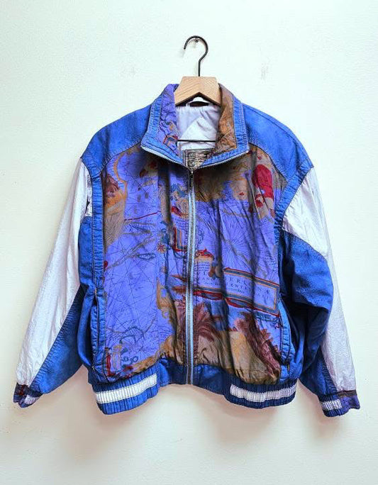 Map print vintage mixed media  bomber jacket S