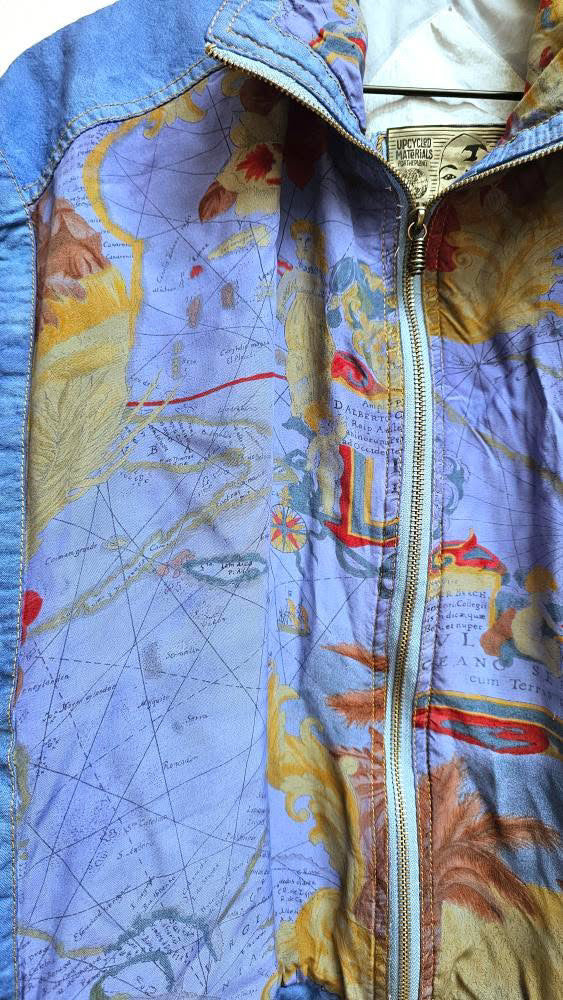 Map print vintage mixed media  bomber jacket S